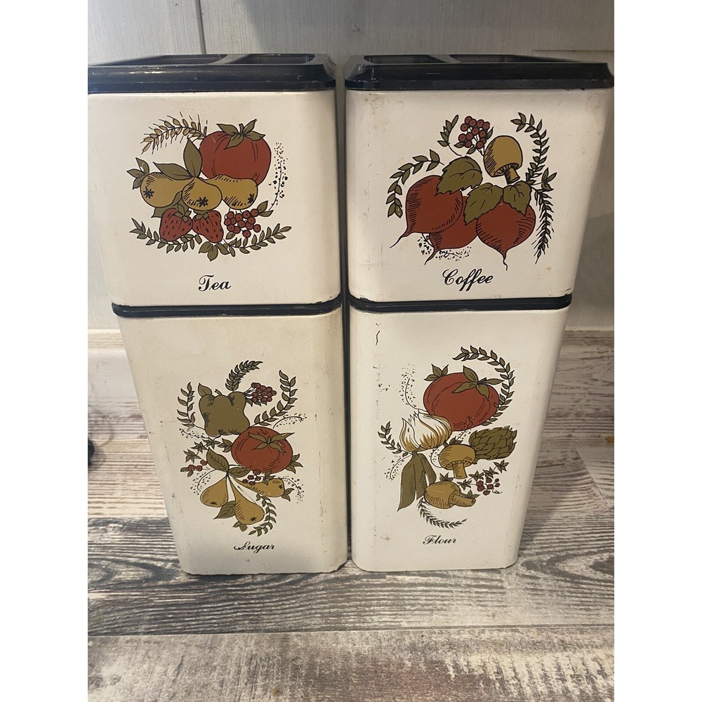 Vintage Kitchen Tin Canister Set Tea Coffee Flour Sugar Cream Brown 4pc